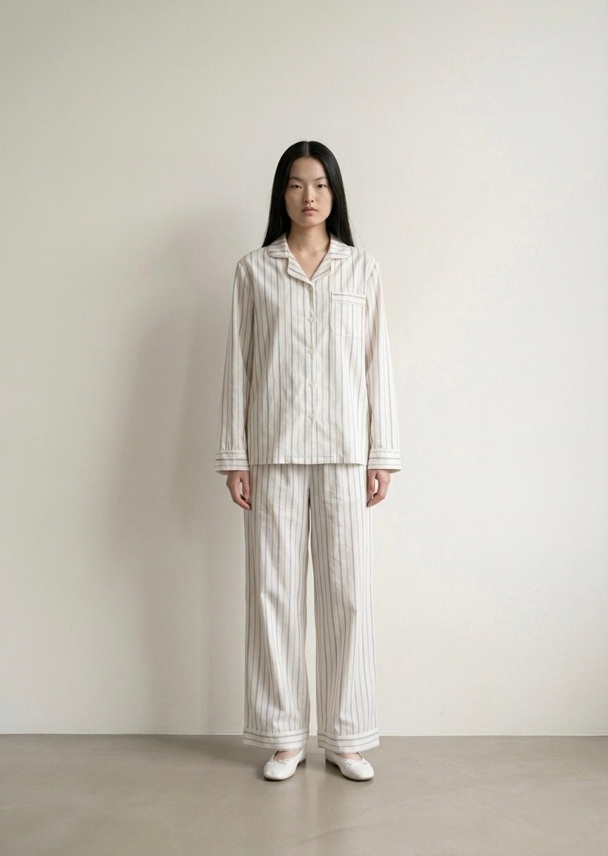  - Ever Lasting - Nyelle Double Gauze Striped Pajama Set / White - Pajamas - Ever Lasting