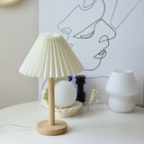 Oak Wood Table Lamp Pleated / Cream Light