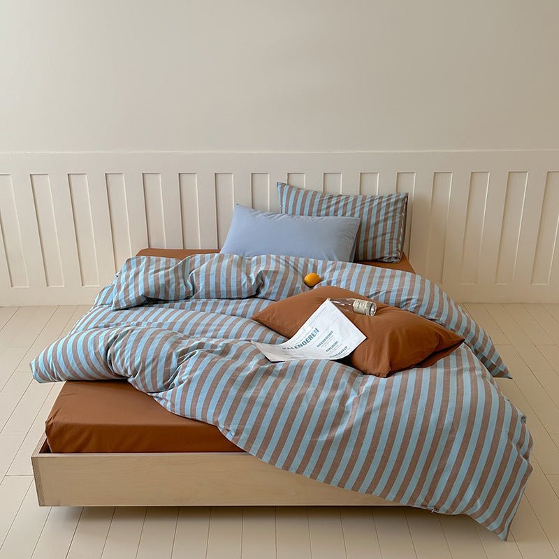  - Ever Lasting - Parker Minimalist Striped Bedding Set / Blue & Brown - Bedding Set - Ever Lasting