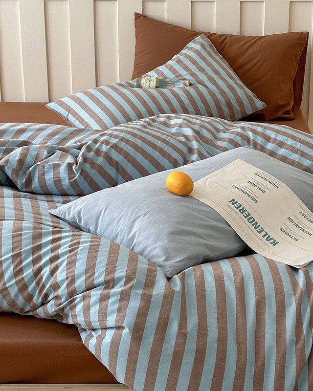  - Ever Lasting - Parker Minimalist Striped Bedding Set / Blue & Brown - Bedding Set - Ever Lasting
