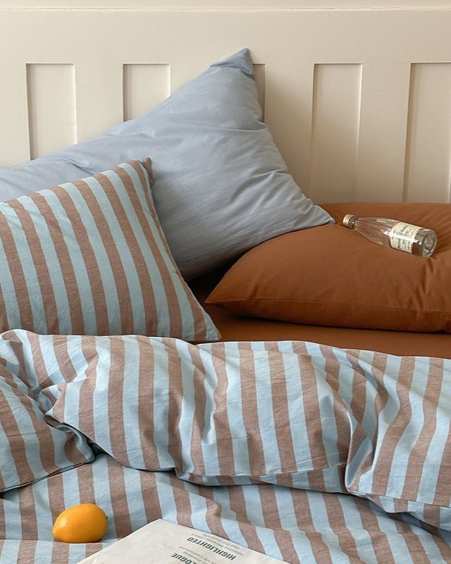  - Ever Lasting - Parker Minimalist Striped Bedding Set / Blue & Brown - Bedding Set - Ever Lasting