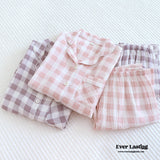 Pastel Gingham Long Sleeve And Pants Cotton Pajamas Set