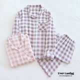 Pastel Gingham Long Sleeve And Pants Cotton Pajamas Set