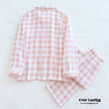 Pastel Gingham Long Sleeve And Pants Cotton Pajamas Set