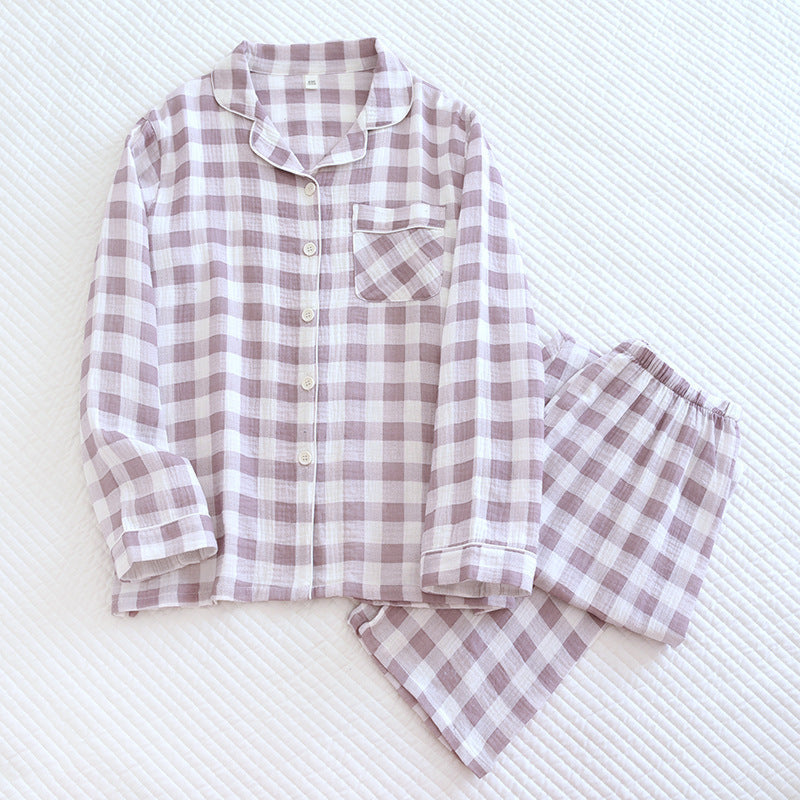 Pastel Gingham Long Sleeve And Pants Cotton Pajamas Set Purple / Small/Medium