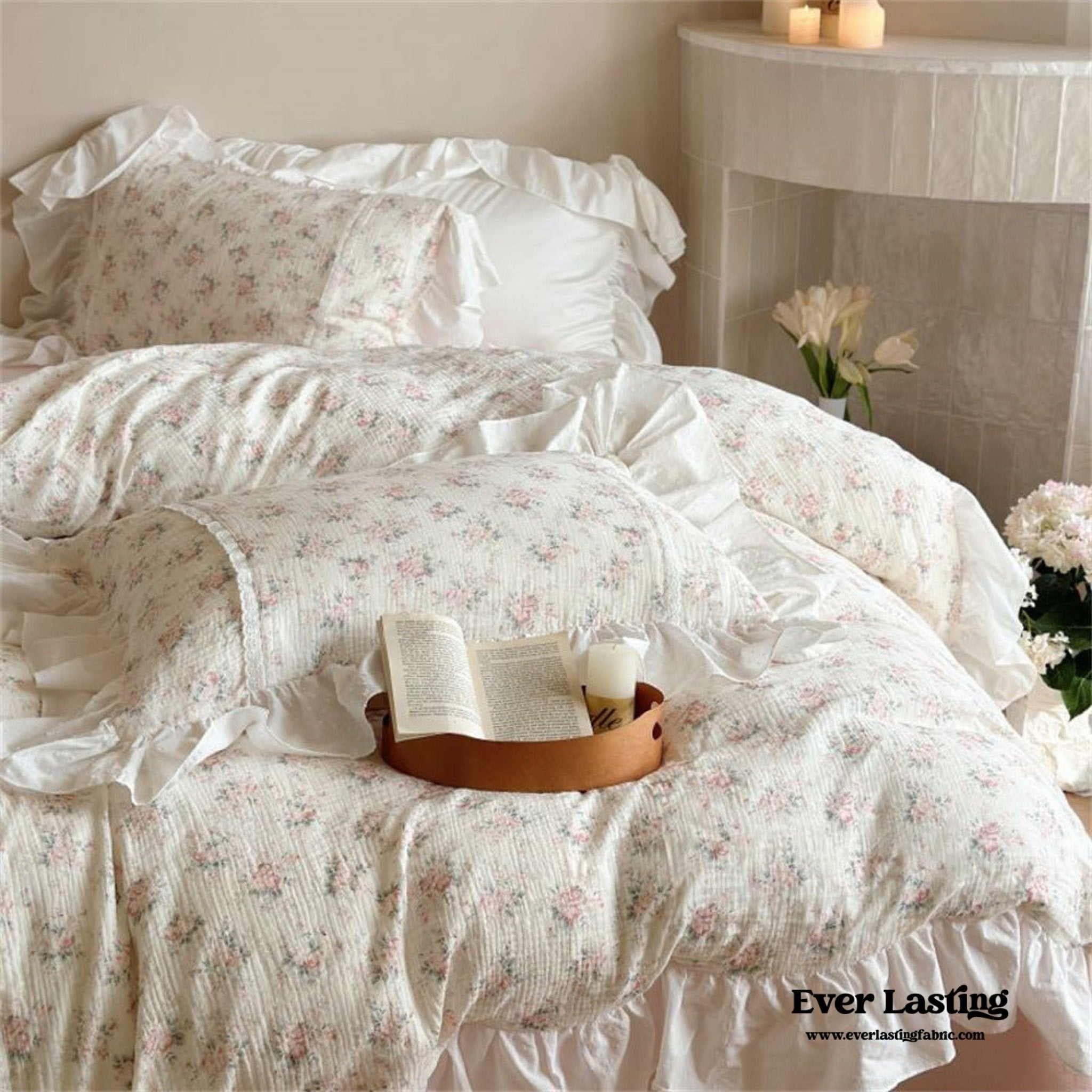 Pastel Pink Floral Double Layer Cotton Ruffle Bedding Bundle - Ever Lasting