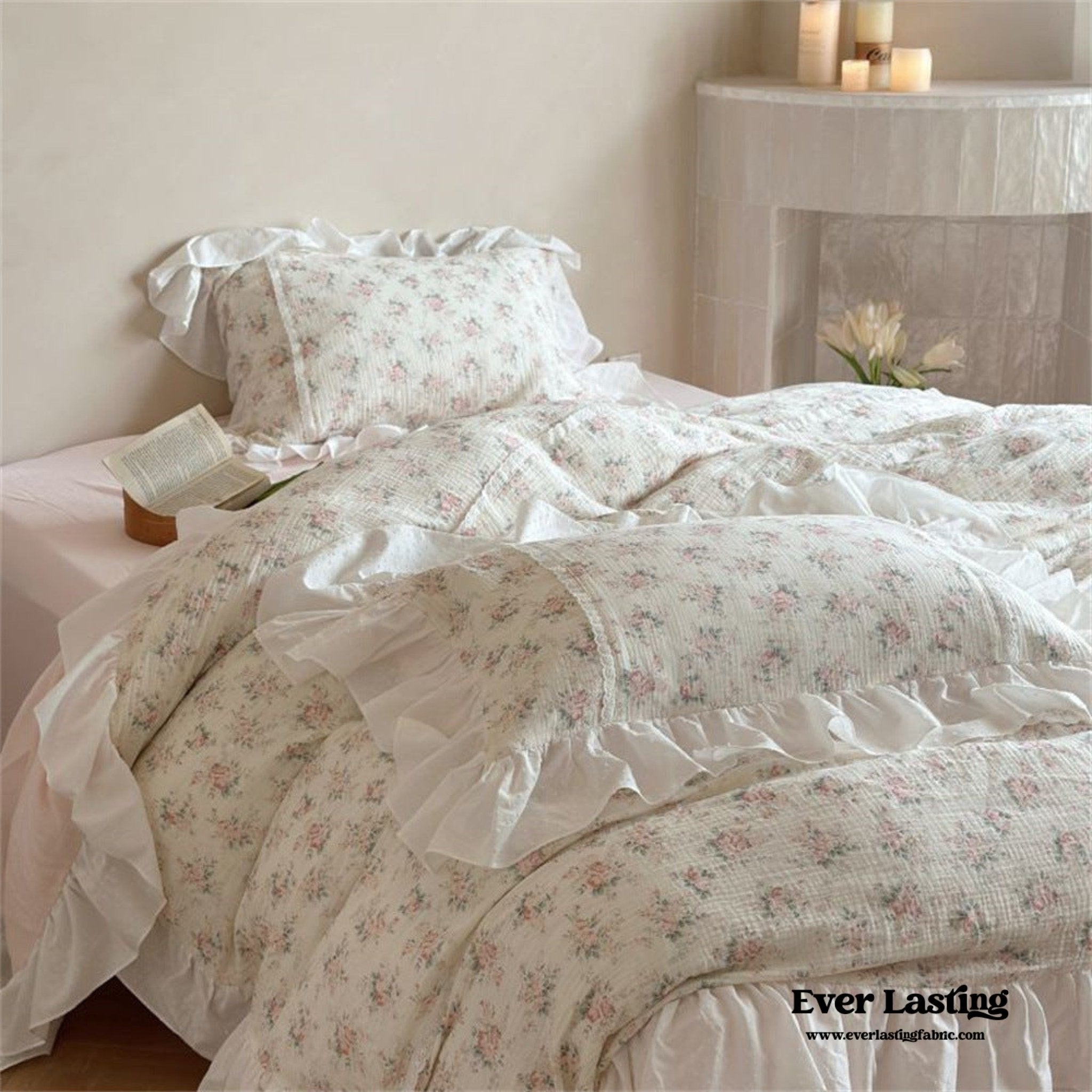 Pastel Pink Floral Double Layer Cotton Ruffle Bedding Bundle - Ever Lasting
