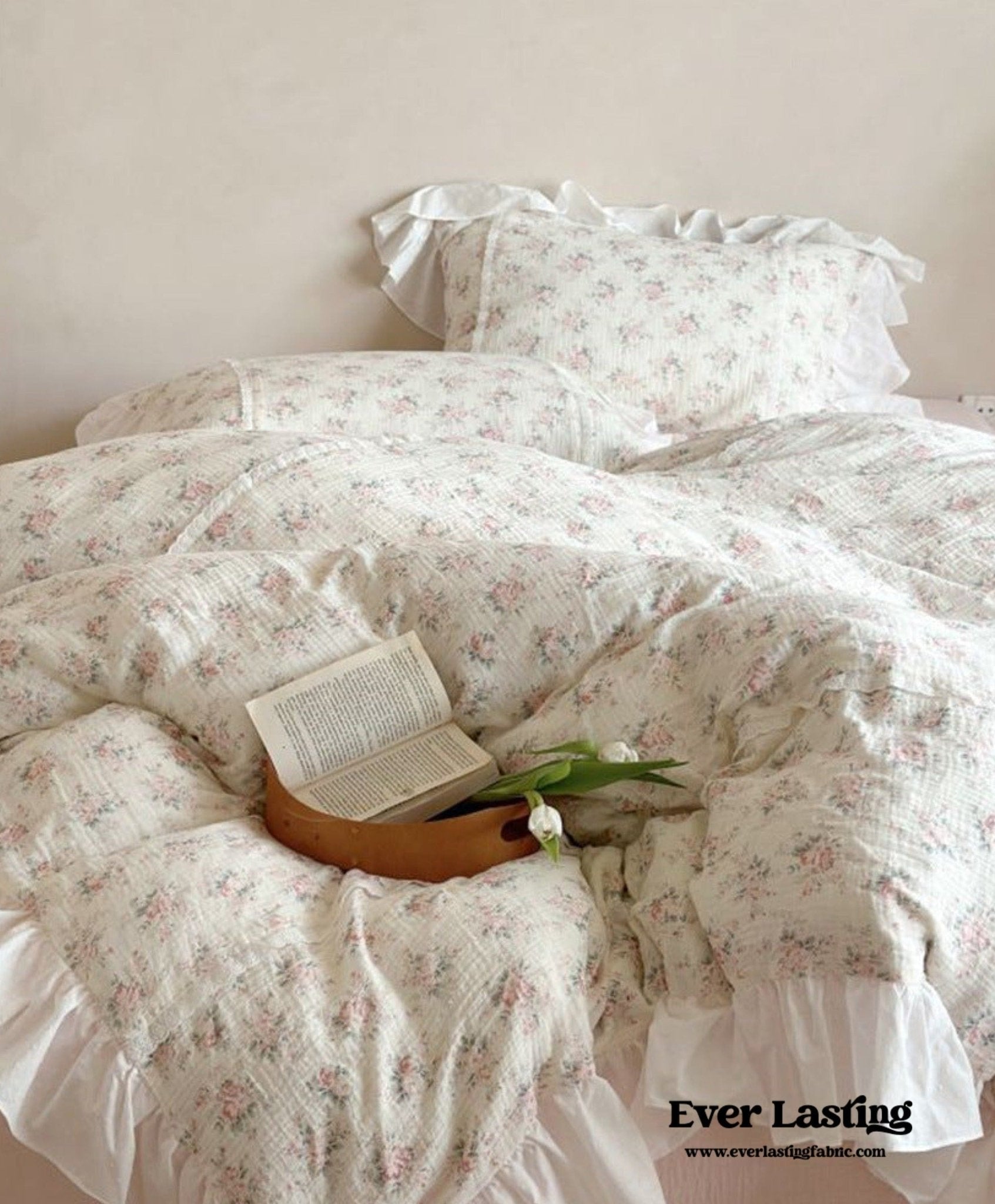 Pastel Pink Floral Double Layer Cotton Ruffle Bedding Bundle - Ever Lasting