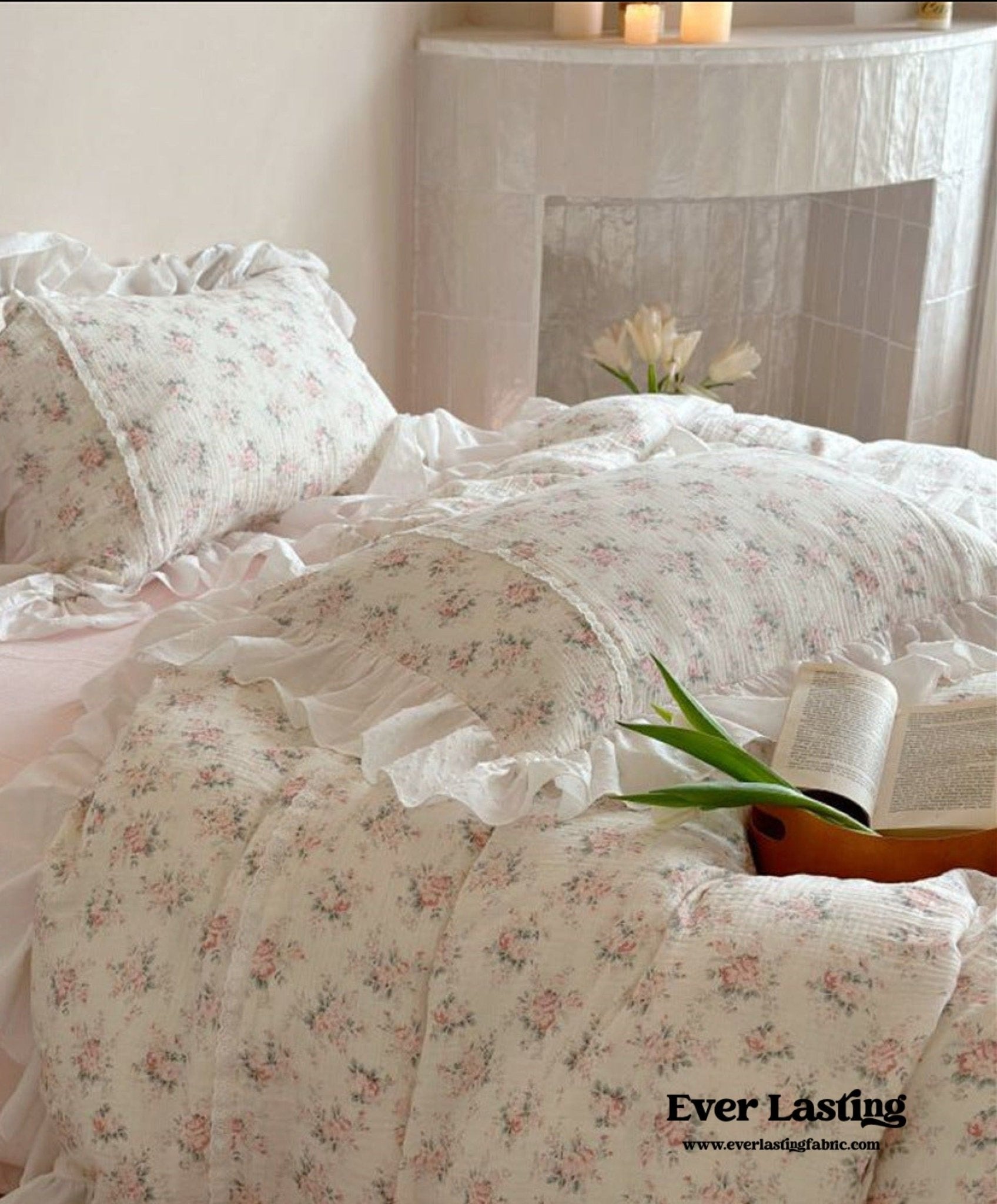 Pastel Pink Floral Double Layer Cotton Ruffle Bedding Bundle - Ever Lasting
