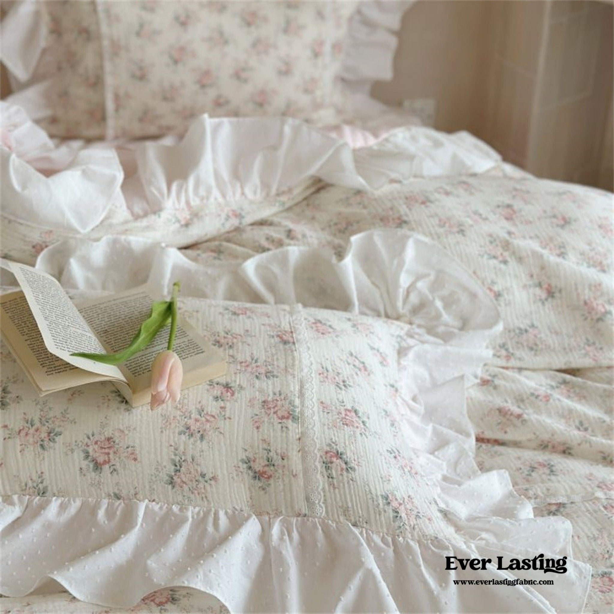 Pastel Pink Floral Double Layer Cotton Ruffle Bedding Bundle - Ever Lasting