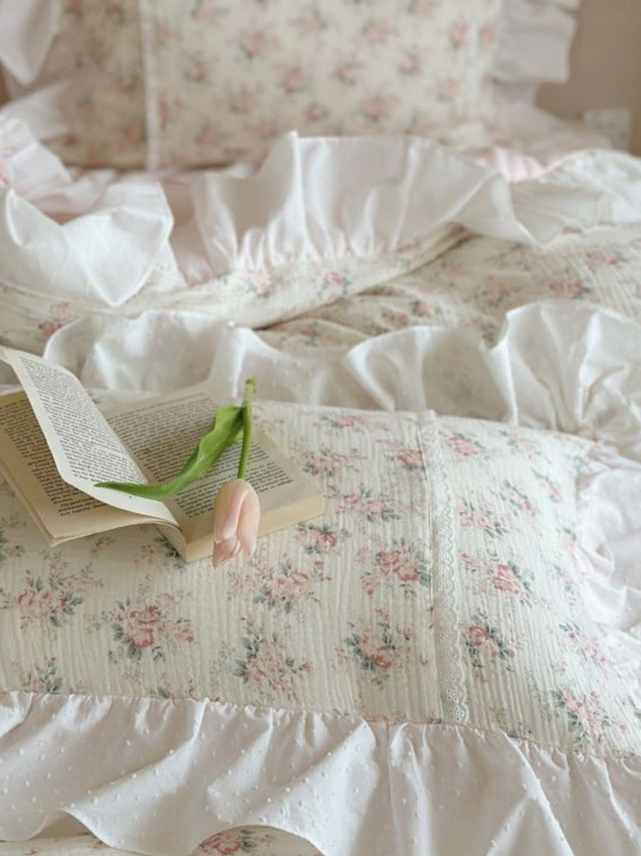 Pastel Pink Floral Double Layer Cotton Ruffle Bedding Set | Best ...