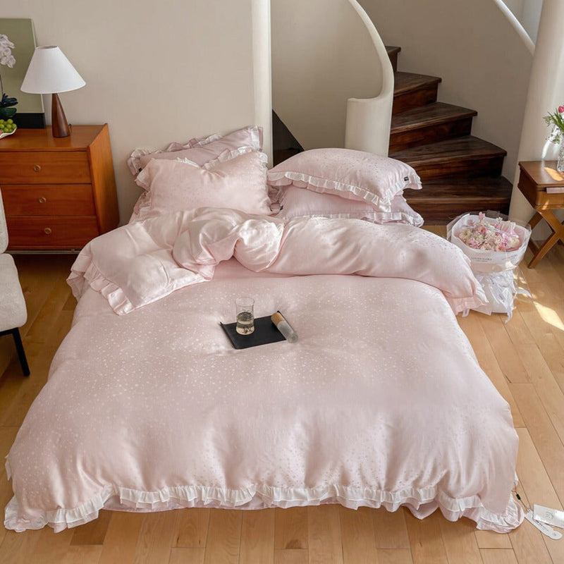 Pastel Tencel Ruffle Bedding Set Pink / Medium Flat