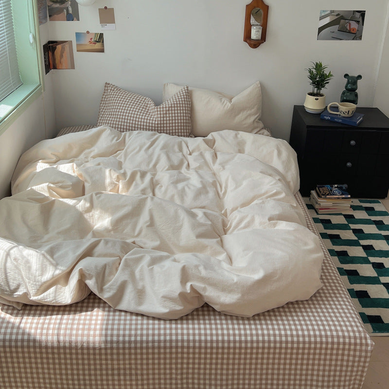 Peekaboo Gingham Stripe Bedding Set / Gray Beige Small Fitted