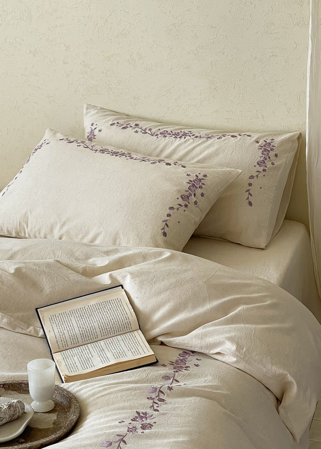 -Ever Lasting - Penelope Embroidery Bedding Set / Beige + Purple -Bedding Set -Ever Lasting