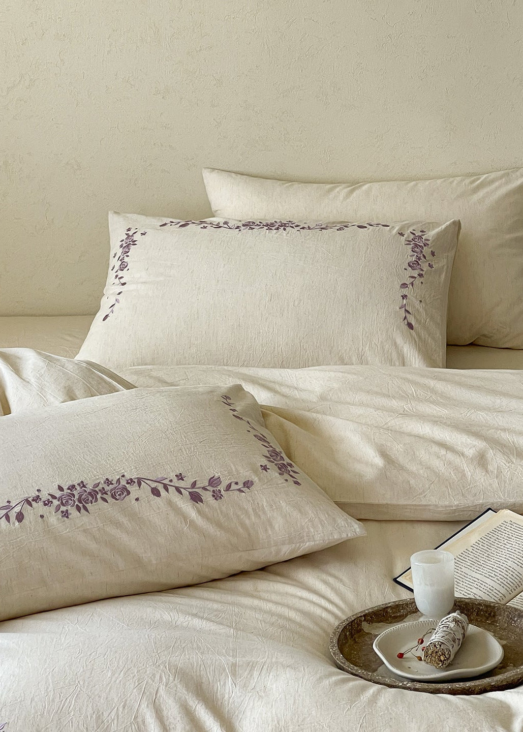 -Ever Lasting - Penelope Embroidery Bedding Set / Beige + Purple -Bedding Set -Ever Lasting