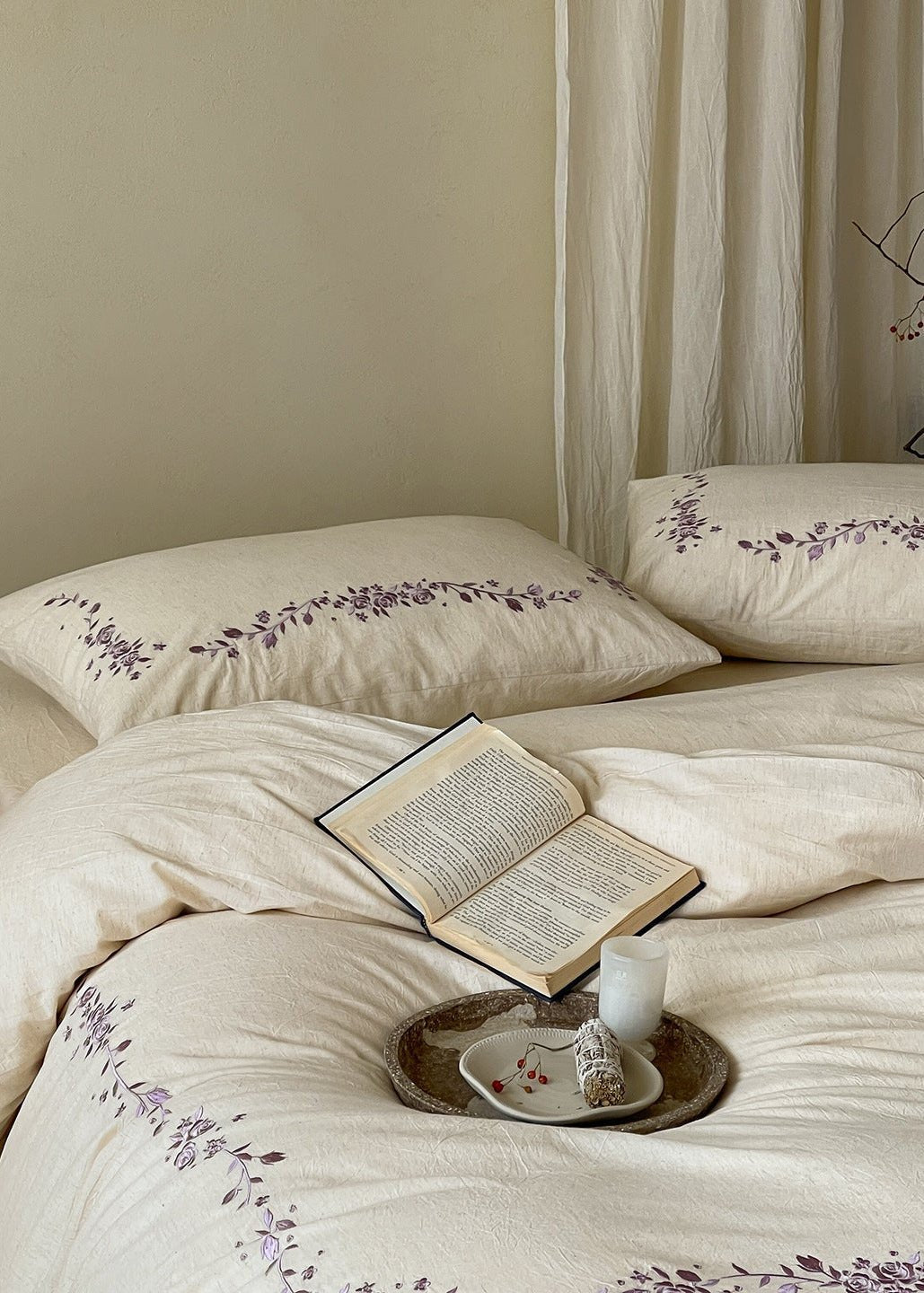 -Ever Lasting - Penelope Embroidery Bedding Set / Beige + Purple -Bedding Set -Ever Lasting