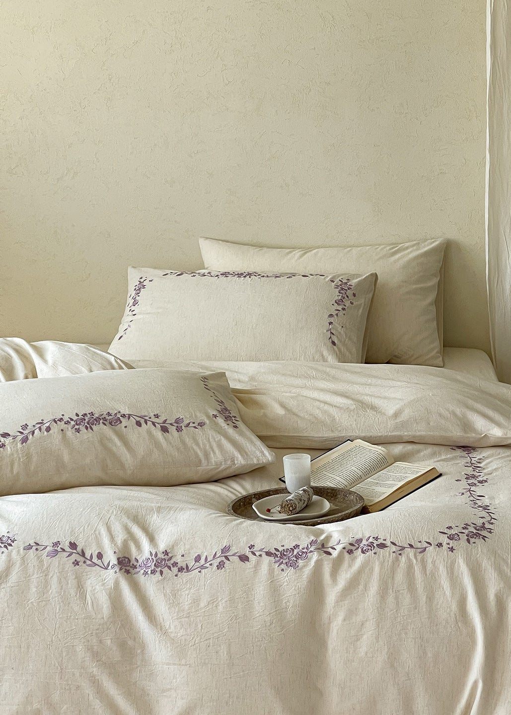 -Ever Lasting - Penelope Embroidery Bedding Set / Beige + Purple -Bedding Set -Ever Lasting
