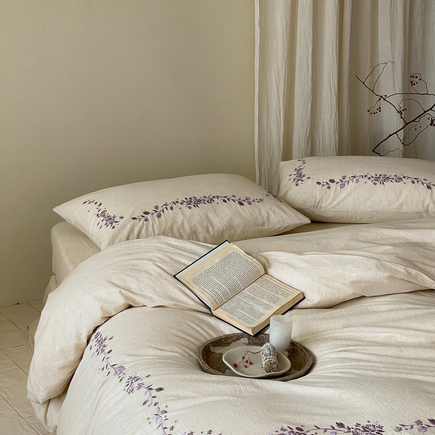 -Ever Lasting - Penelope Embroidery Bedding Set / Beige + Purple -Bedding Set -Ever Lasting