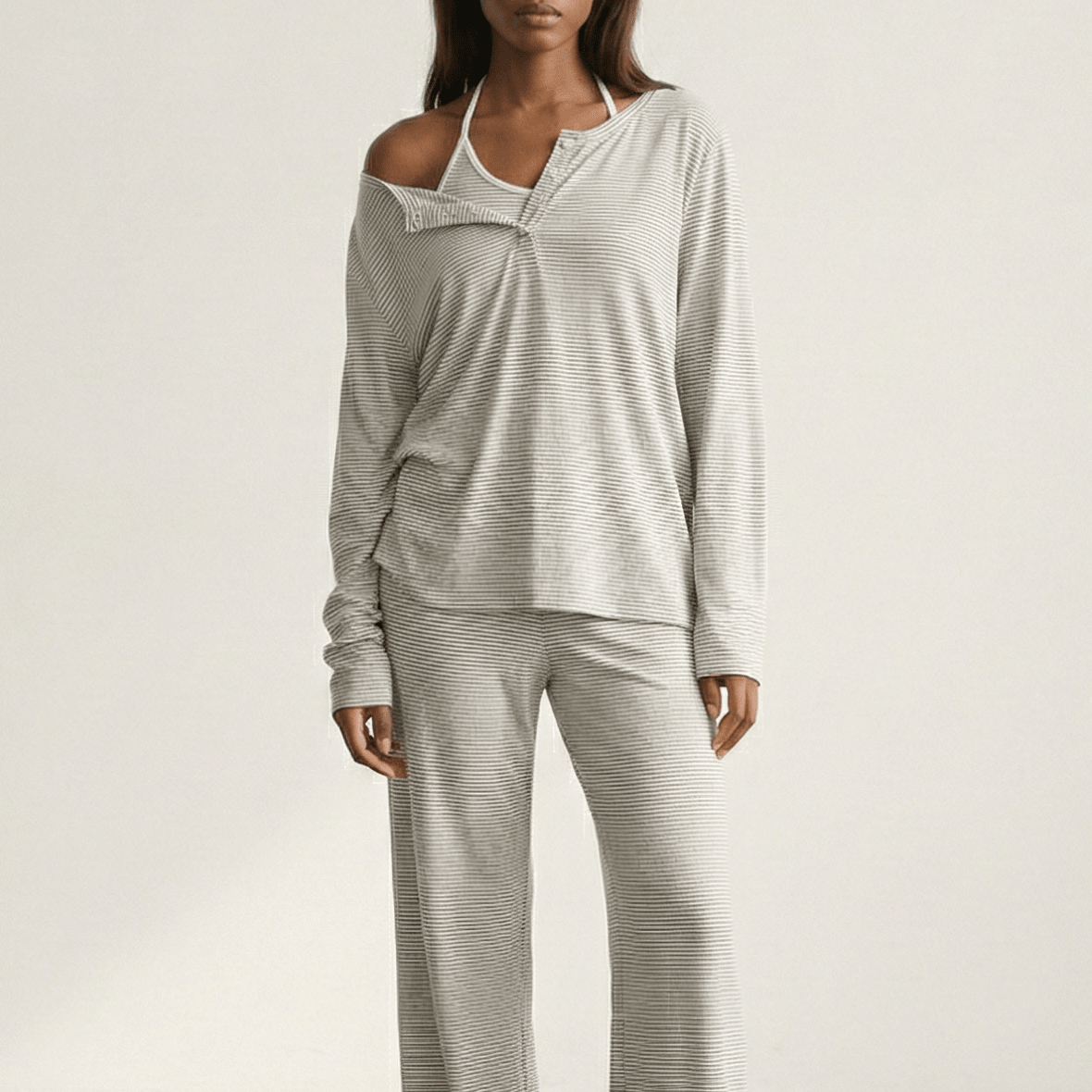  - Ever Lasting - Perla Long - Sleeve Striped Pajama Set / Gray - Pajamas - Ever Lasting