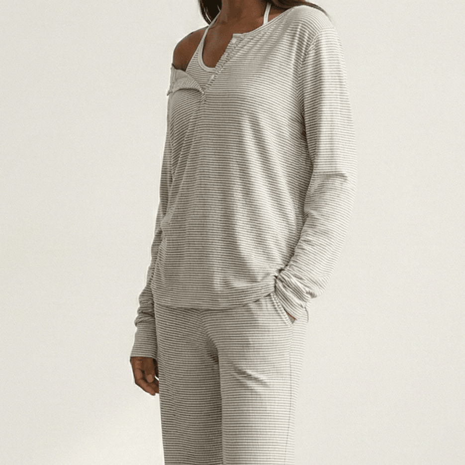  - Ever Lasting - Perla Long - Sleeve Striped Pajama Set / Gray - Pajamas - Ever Lasting
