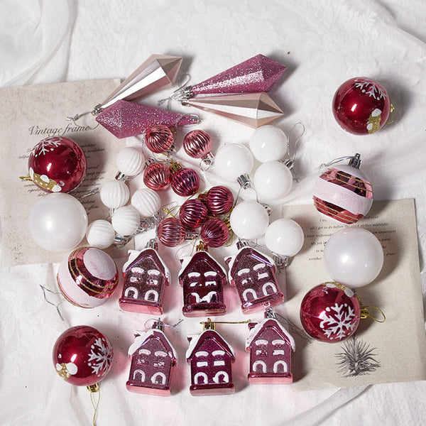 Pink Christmas Tree Ornaments Set (5 Styles) Assorted - 36 Piece Decor