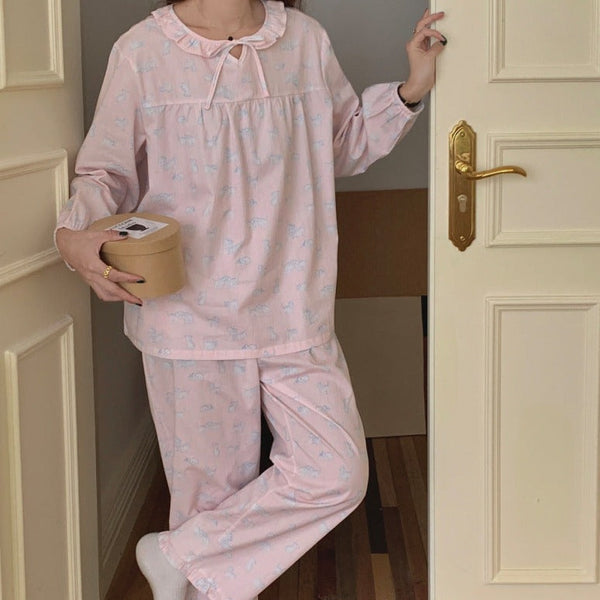 Pink Doll Kitty Ruffle Collar Long Sleeves And Pants Pajama Set / One Size Pajamas