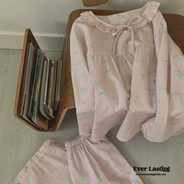 Pink Doll Kitty Ruffle Collar Long Sleeves And Pants Pajama Set Pajamas