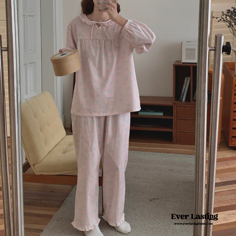 Pink Doll Kitty Ruffle Collar Long Sleeves And Pants Pajama Set Pajamas