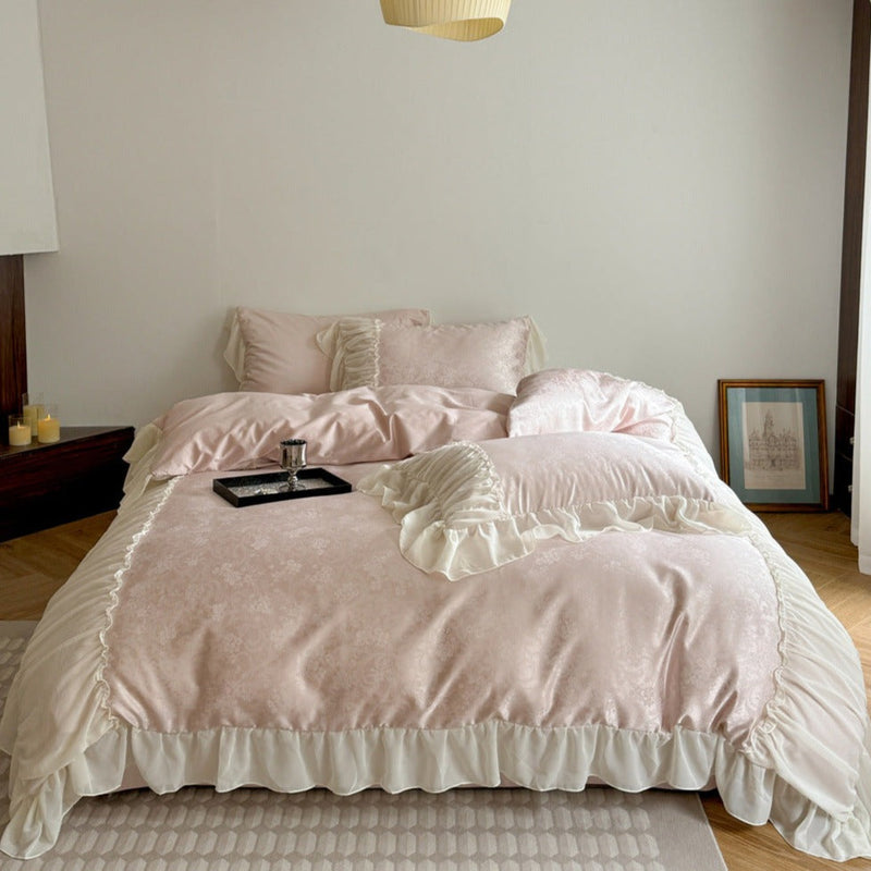 Pink Floral Ruffle Cottage Bedding Set / Medium Flat