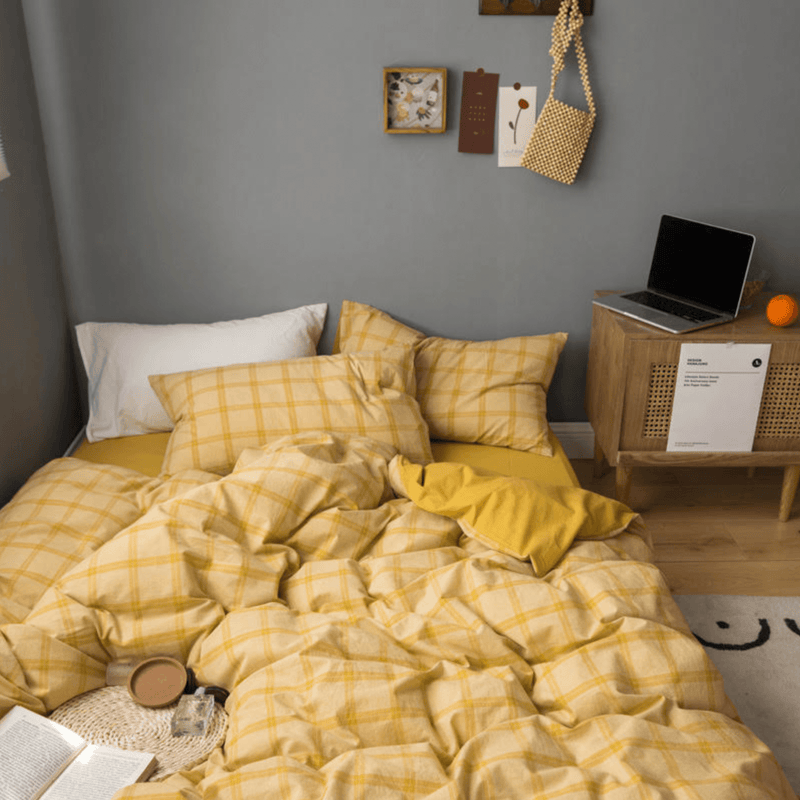 Plaid Bedding Set / Gray Yellow Small Flat