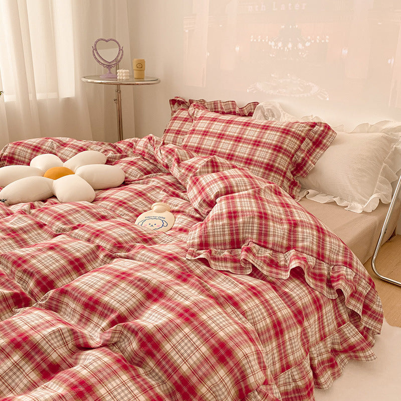 Plaid Ruffle Bedding Set / Green Red Small Flat