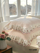 Gingham Floral Ruffle Bedding Set / Pink White