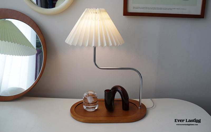 Pleated Wooden Tray Lamp / Brown Light