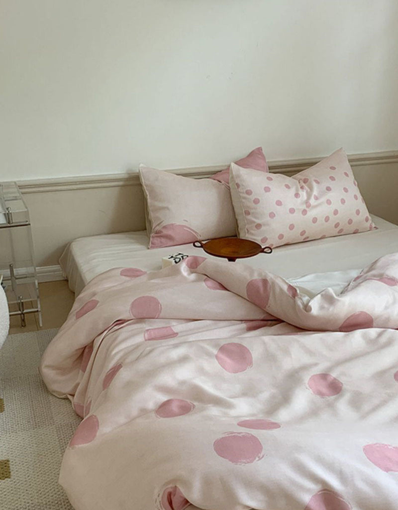 Polka Dot Tencel Silky Bedding Set / White Pink Medium Fitted