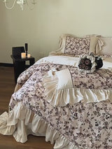 Silky Champagne Ruffle Floral Bedding Set / Black