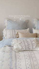 Embroidered French Lace Ruffle Bedding Set / Blue