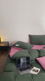 DUO Maximalist Jersey Knit Bedding Set / Barbie Pink + Forest Green