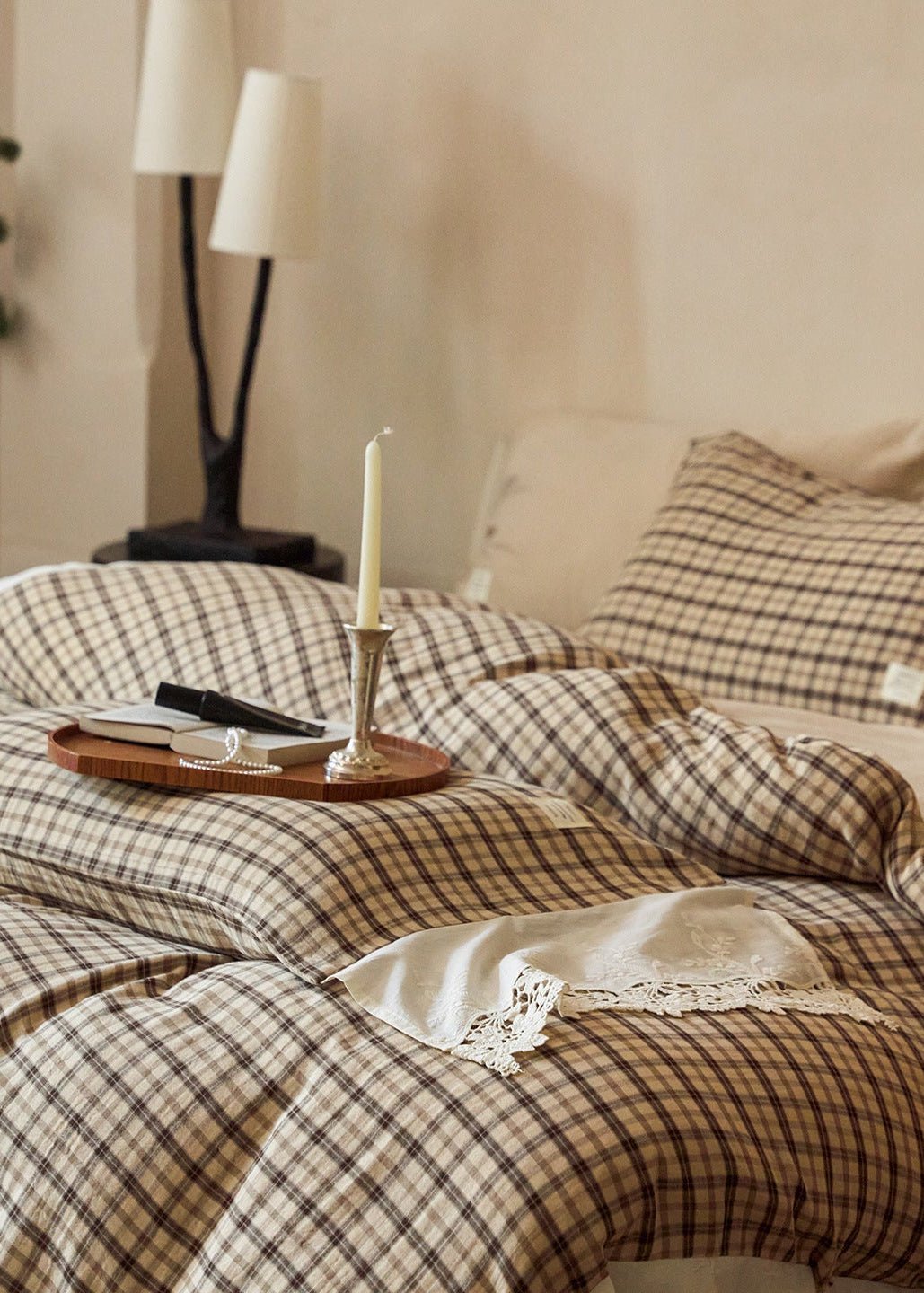 -Ever Lasting - Primrose Gingham Washed Cotton Bedding Set / Brown -Bedding Set -Ever Lasting