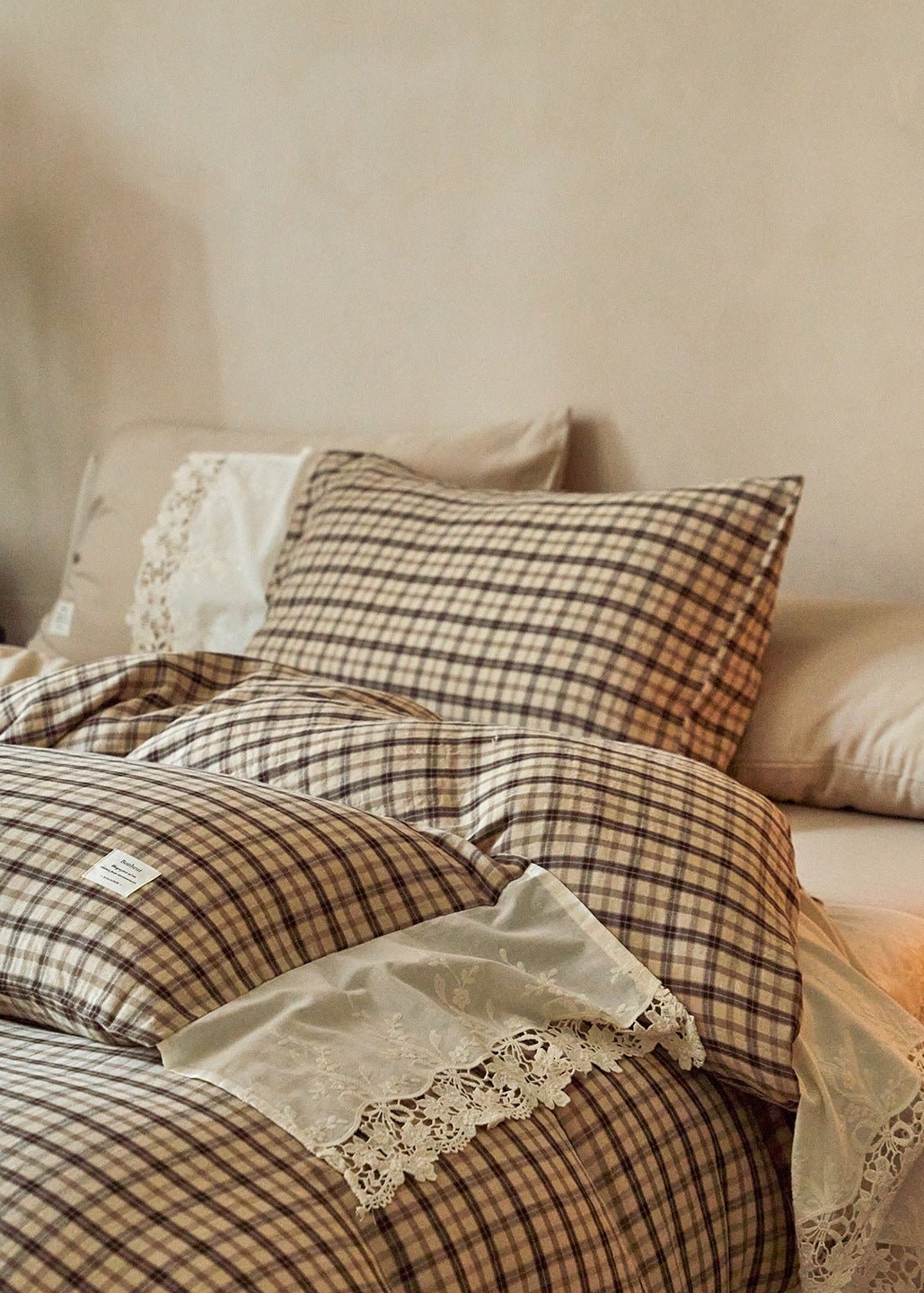 -Ever Lasting - Primrose Gingham Washed Cotton Bedding Set / Brown -Bedding Set -Ever Lasting