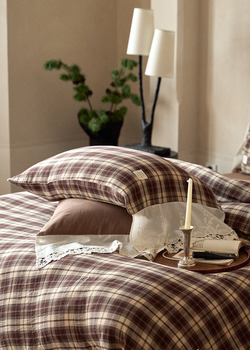 -Ever Lasting - Primrose Gingham Washed Cotton Bedding Set / Brown -Bedding Set -Ever Lasting