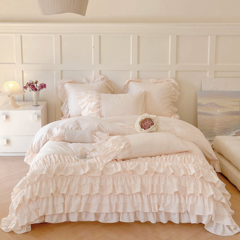Princess Ruffle Lace Washed Cotton Bedding Bundle Pink / Medium Flat