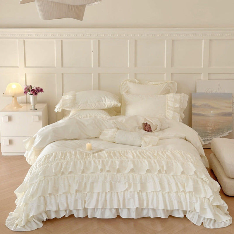 Princess Ruffle Lace Washed Cotton Bedding Bundle White / Medium Flat