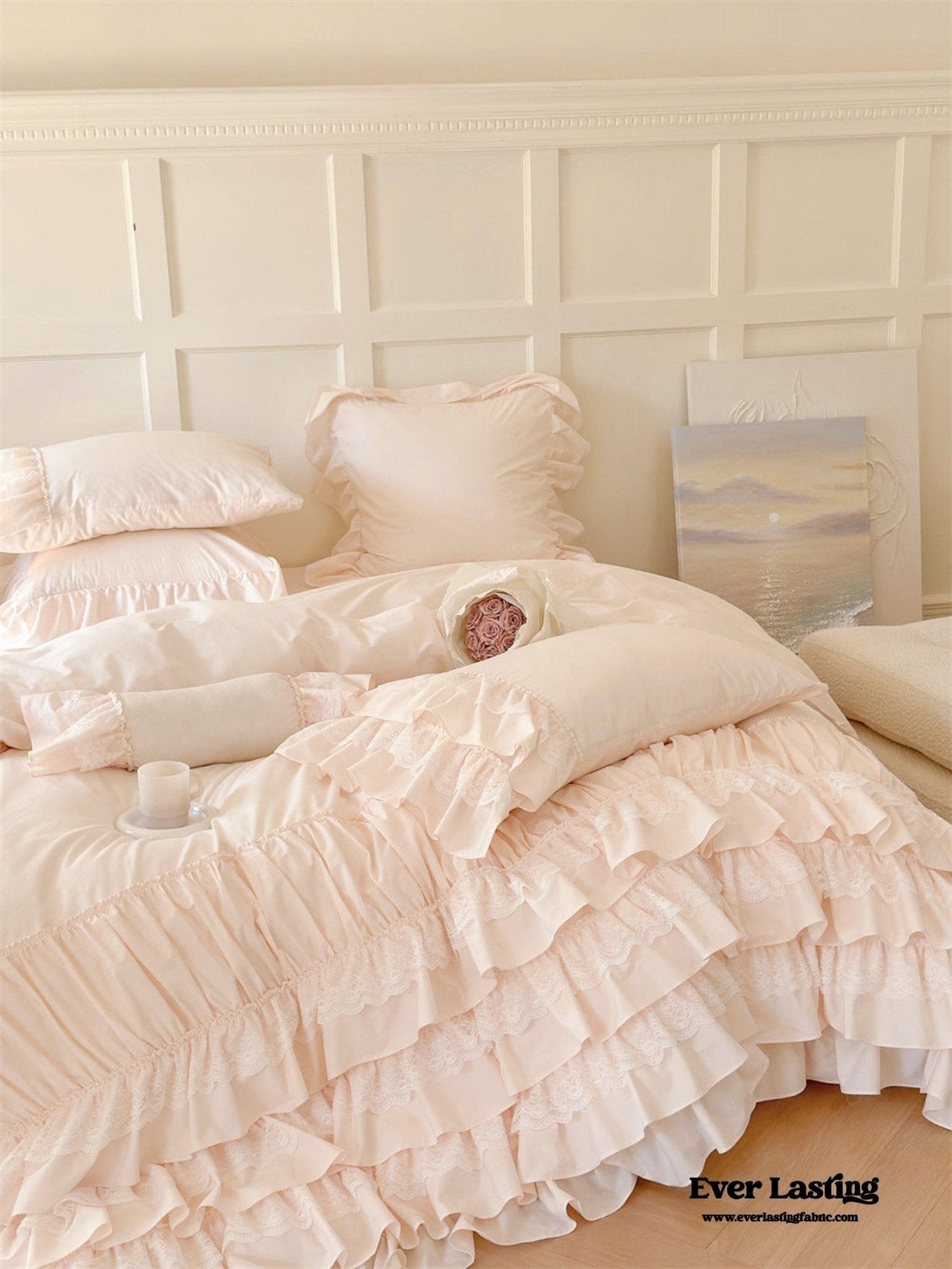 Princess Ruffle Lace Washed Cotton Bedding Set / Pink - Ever Lasting