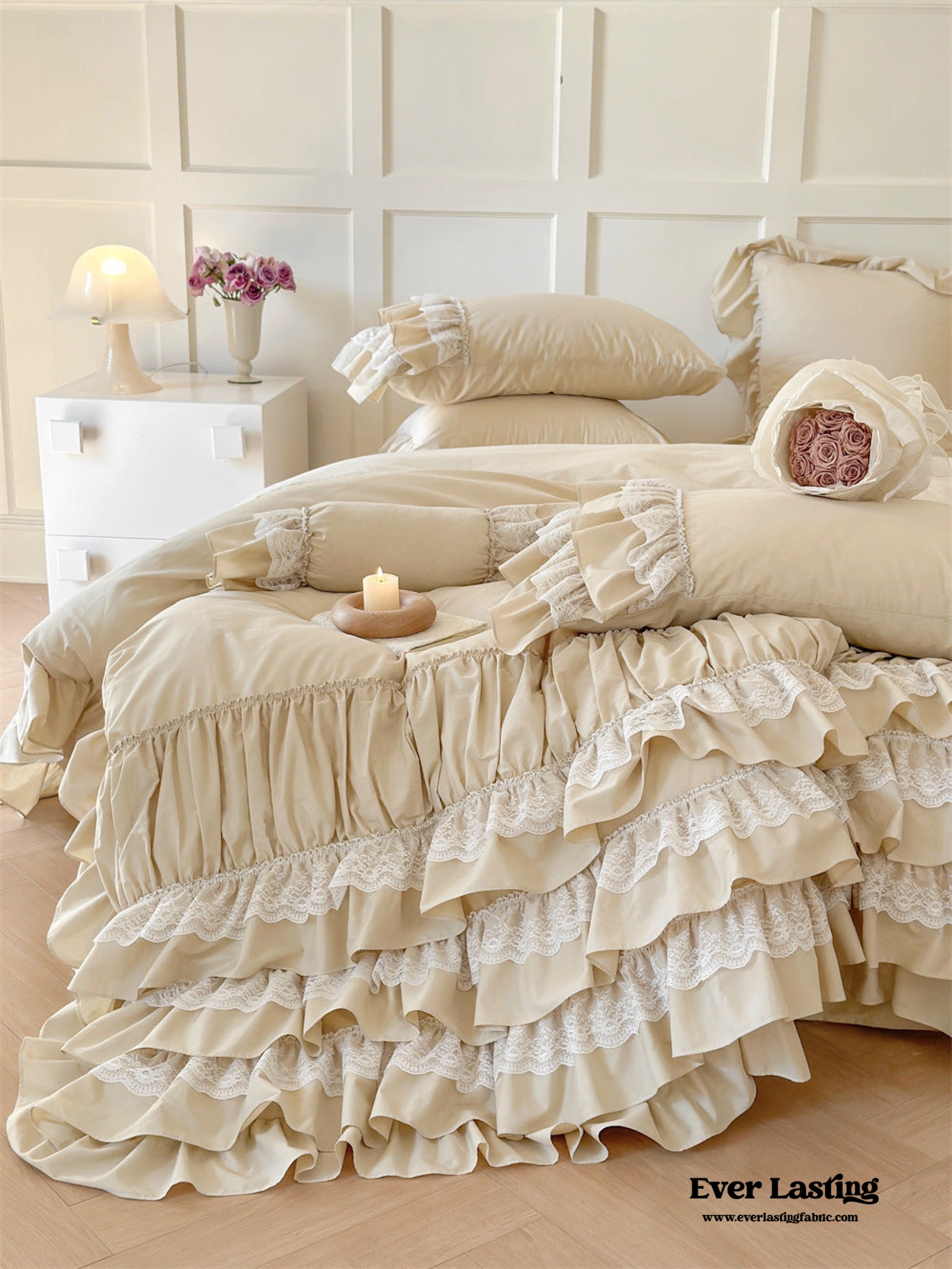 Princess Ruffle Lace Washed Cotton Bedding Set / Pink | Best Stylish ...