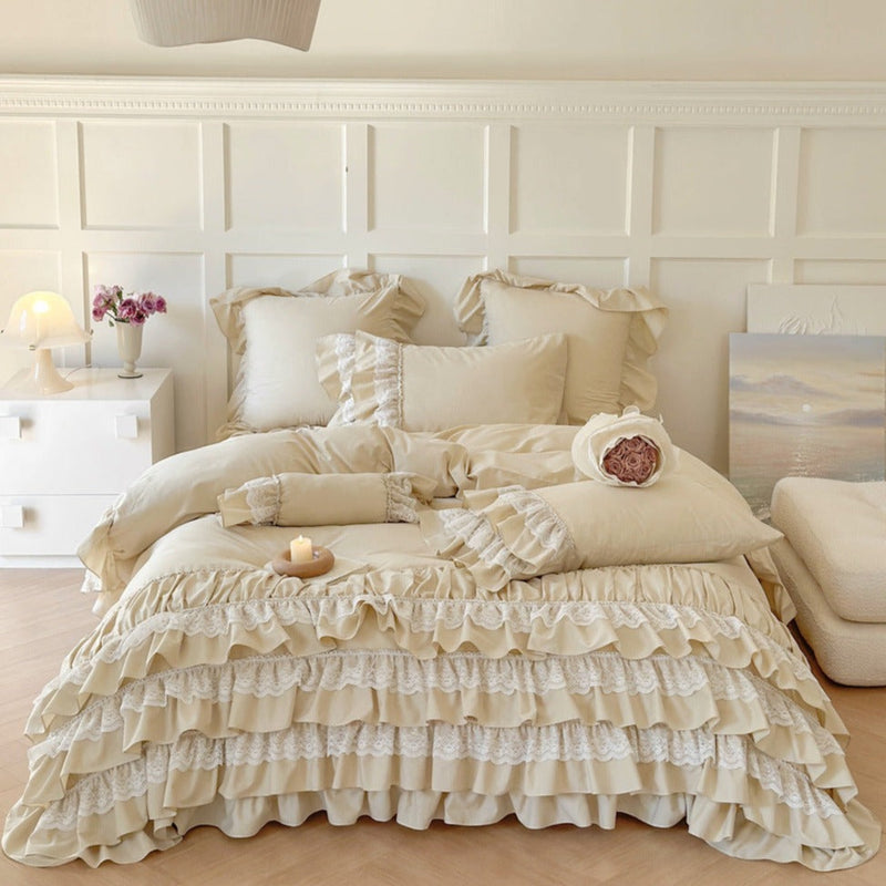 Princess Ruffle Lace Washed Cotton Bedding Set Khaki / Medium Flat