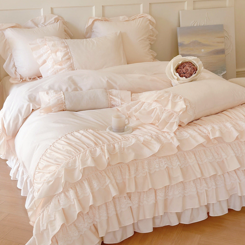Princess Ruffle Lace Washed Cotton Bedding Set / Pink