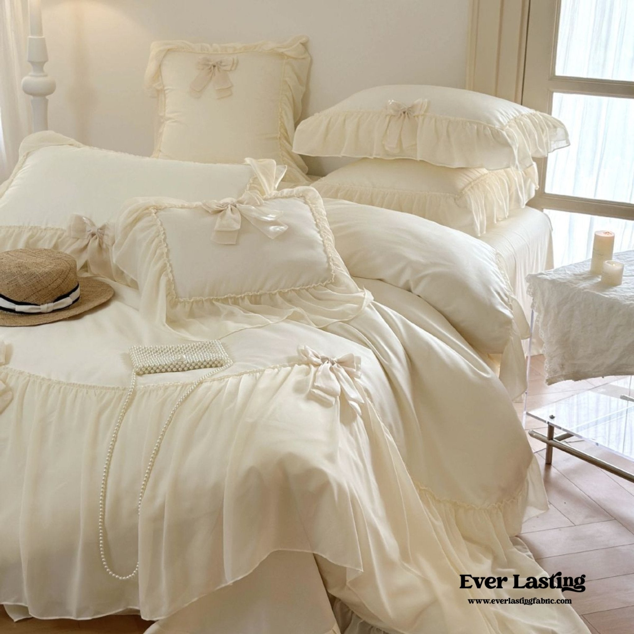  - Ever Lasting - Ribbon Bow Airy Lace Bedding Set / Baby Pink - Bedding Set - Ever Lasting