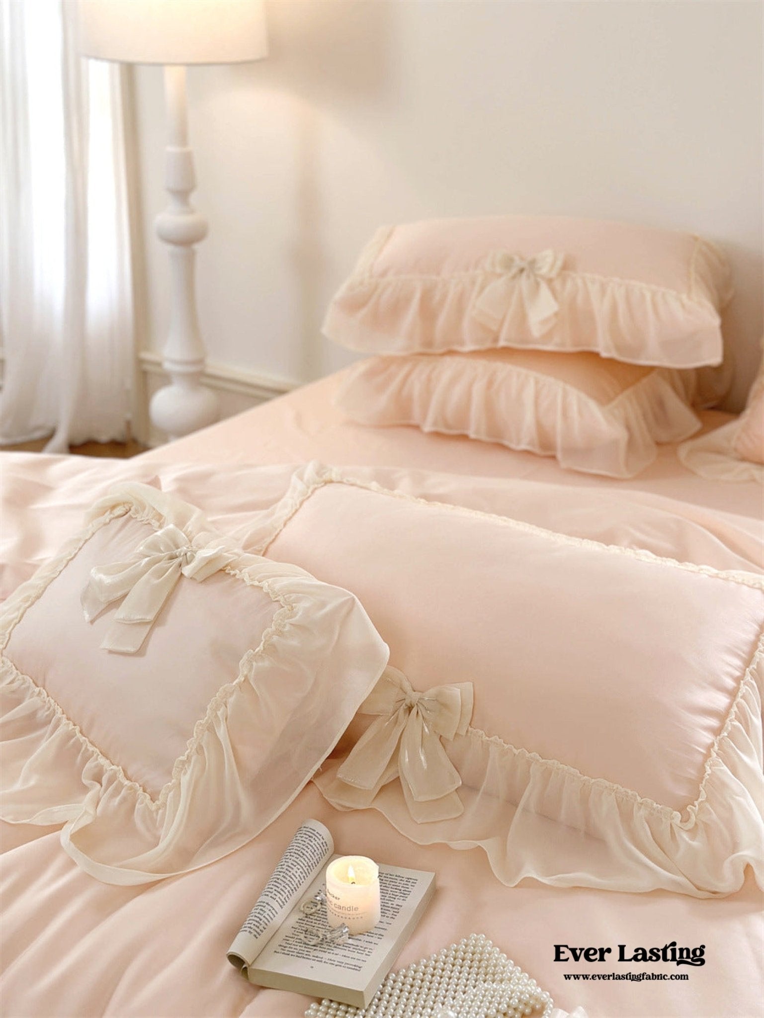  - Ever Lasting - Ribbon Bow Airy Lace Bedding Set / Baby Pink - Bedding Set - Ever Lasting