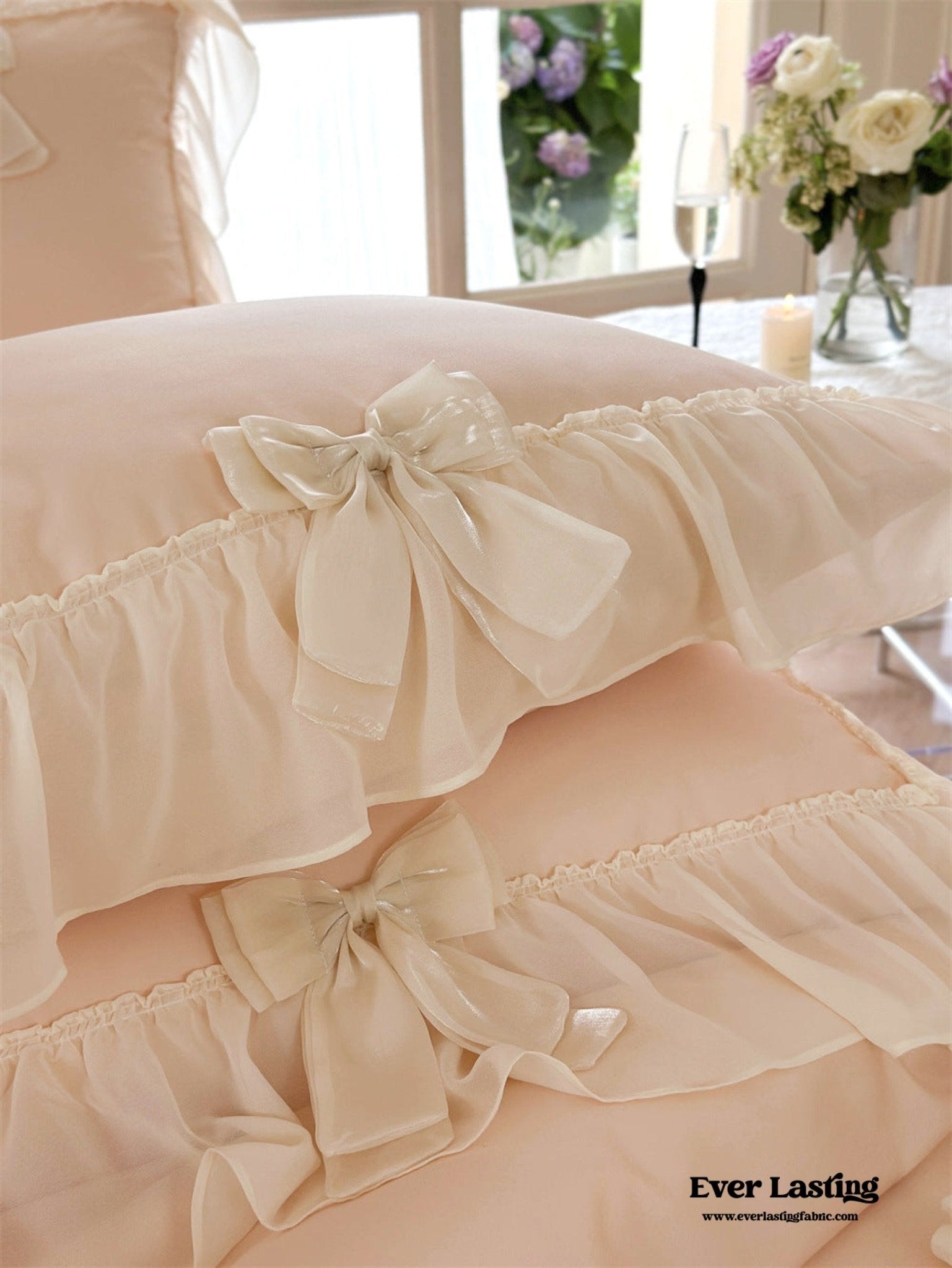  - Ever Lasting - Ribbon Bow Airy Lace Bedding Set / Baby Pink - Bedding Set - Ever Lasting