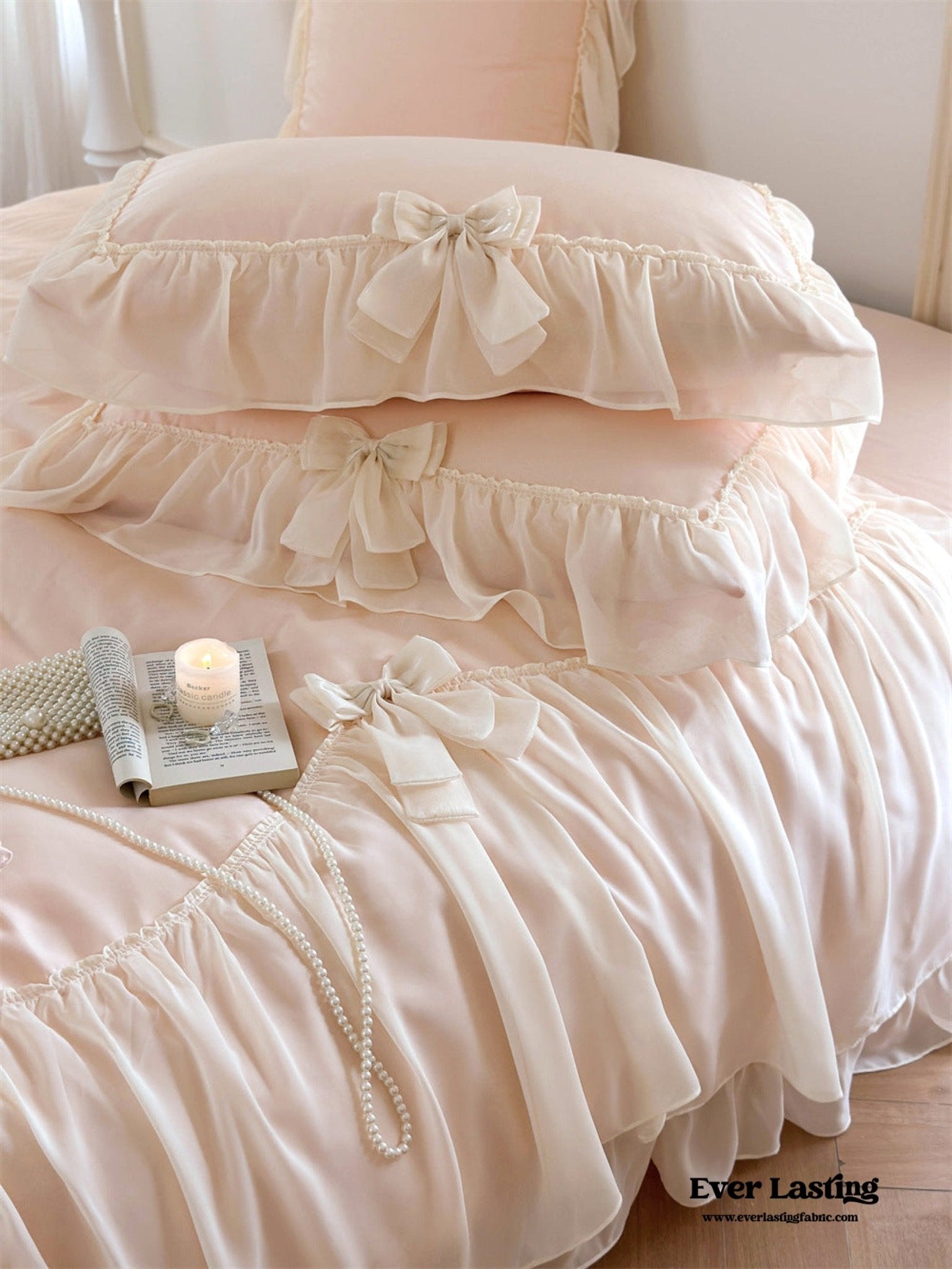  - Ever Lasting - Ribbon Bow Airy Lace Bedding Set / Baby Pink - Bedding Set - Ever Lasting